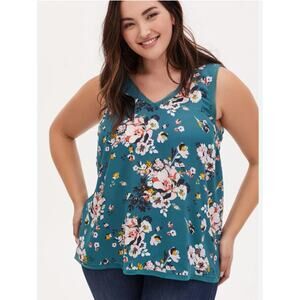 Fray Edge Torrid 3X TOP Sleeveless Tank V-Neck Floral Teal Blouse Chiffon Crepe
